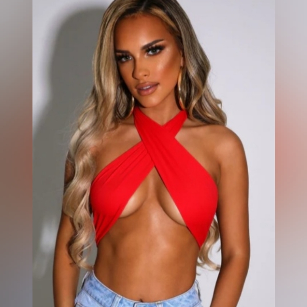 BABYBOO XAVIA CROP HALTER TOP/BATHING SUIT TOP-REAL RED SIZE XS NWT